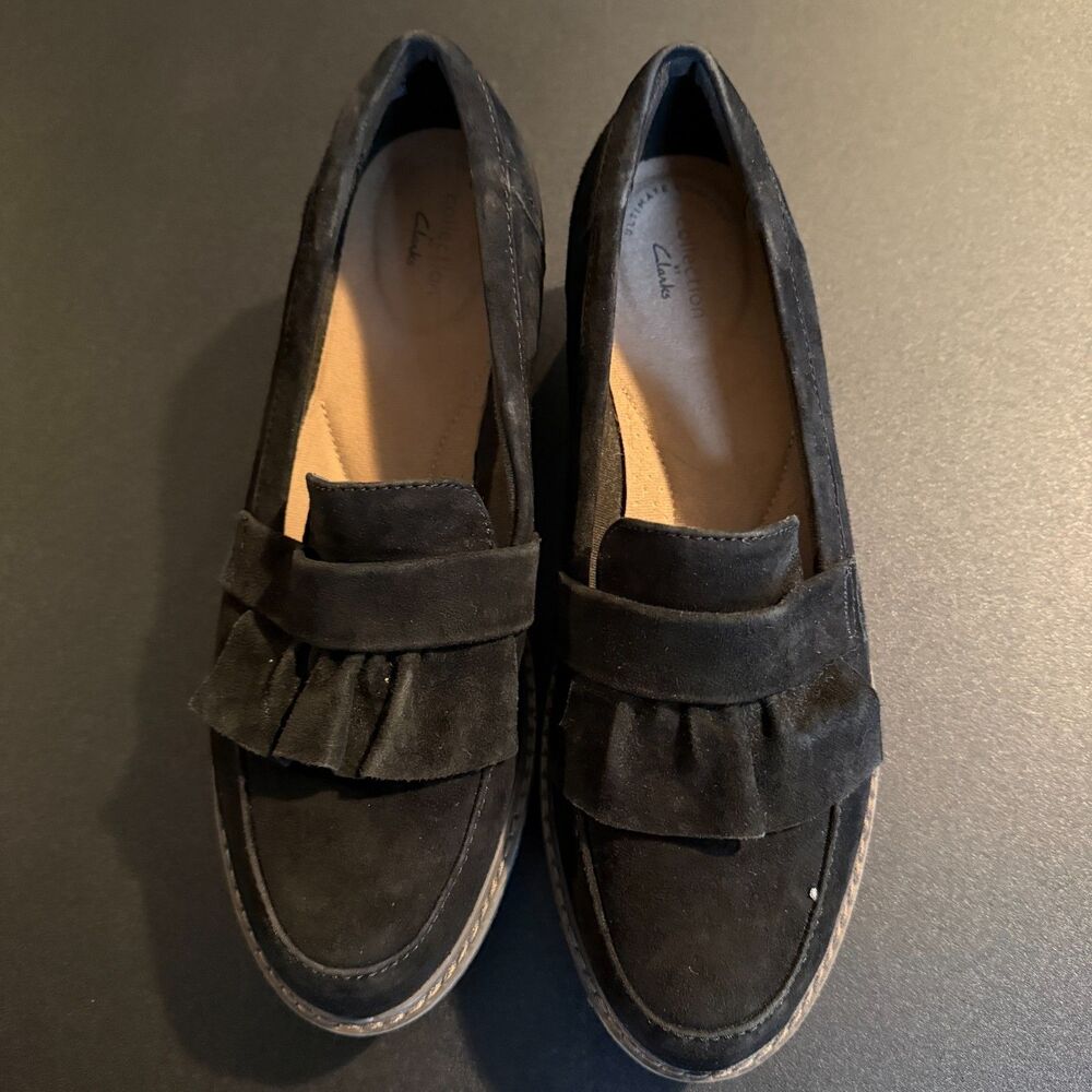Clark's Collection Women's Airabell Wedge Slip On Suede Ruffle Loafers Black 10 - Picture 5 of 9